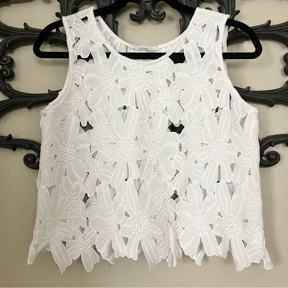 Acemi Top Sleeveless White Floral Cut Lace Size M - Picture 3 of 12